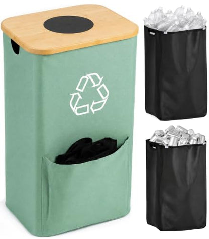 Recycling Bin for Kitchen with Bamboo Lid - Green, 26 Gallon Capacity