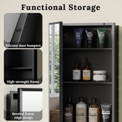 Black Aluminum Bathroom Medicine Cabinet 14x18 Inch Wall-Mounted Mirror with Storage