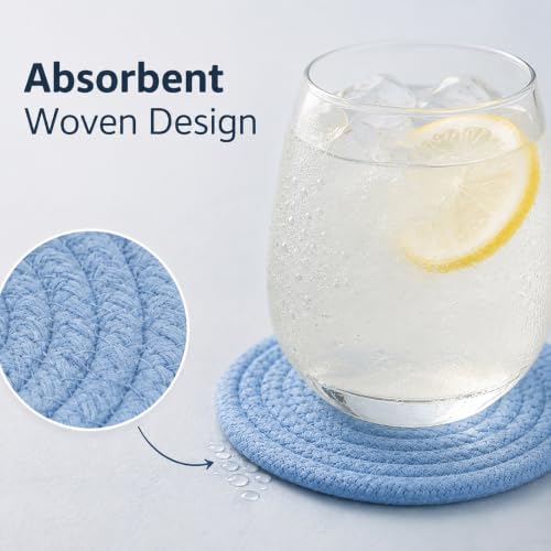 Blue Boho Cotton Woven Drink Coasters Set of 8 with Holder