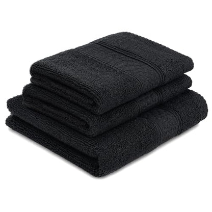 Black Cotton Washcloths Set - 3-Pack 13x13 & 29x14 Inches, Soft & Absorbent