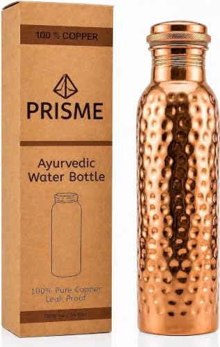 Pure Copper Water Bottle 34oz - Handmade Hammered Design, Leak-Proof, 1000ml