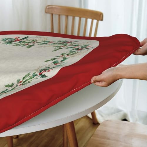 Christmas Round Tablecloth 44 Inch Fitted Holiday Cover with Elastic Edge - Green & Gold Leaf
