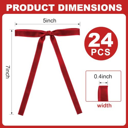 Christmas Red Velvet Bows Set of 24 - 3/8 Inch Wide, 5x7 Inches Holiday Decor