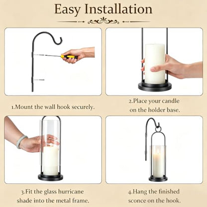 Black Wall Candle Sconce Set of 2 - Modern Hurricane Candle Holders