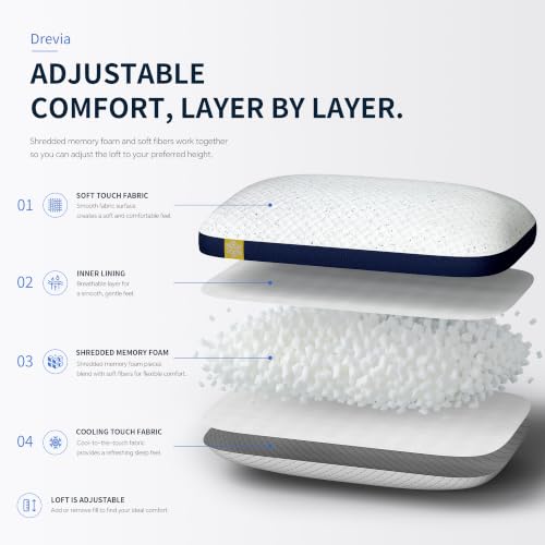 Queen Size Cooling Shredded Memory Foam Pillow Set of 2 - Adjustable Support, White