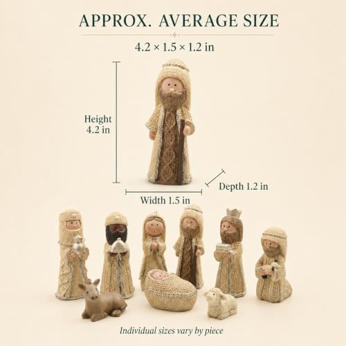 9 Piece Nativity Set with Knit-Look Resin Figures - Christmas Scene Decor