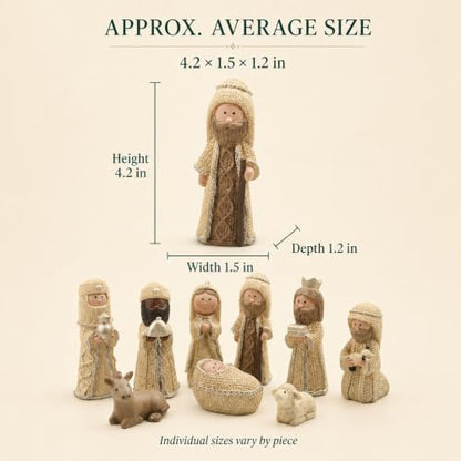 9 Piece Nativity Set with Knit-Look Resin Figures - Christmas Scene Decor