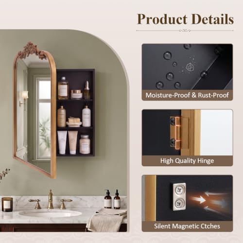 Vintage Gold Medicine Cabinet Mirror with Storage - 16x24 Inch Wall-Mounted