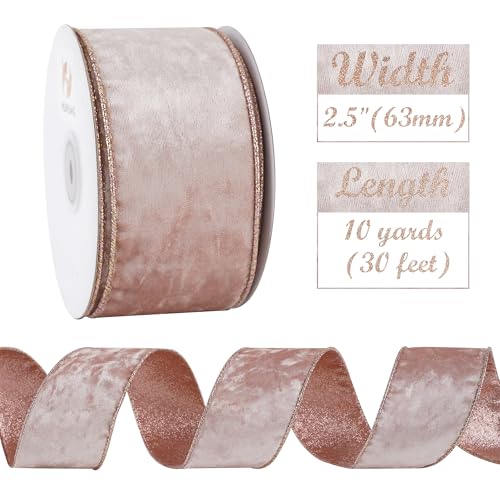 Rose Gold Velvet Wired Ribbon 2.5 Inch x 10 Yards - Christmas Decor, Bows & Wreaths