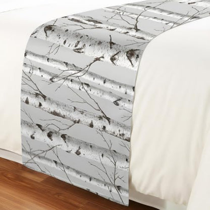 Nature Birch Trees Bed Runner for Queen Bed - White, Gray, Black, 83"x20" Variation