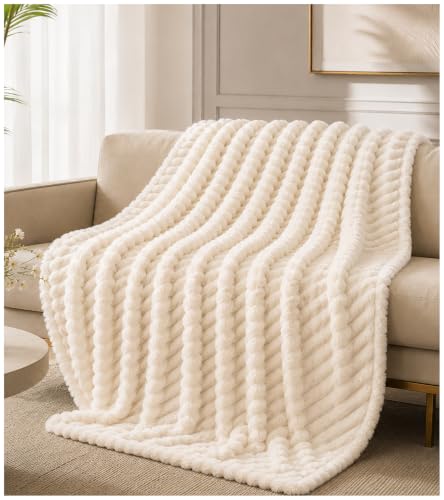 Cream Ribbed Soft Cozy Throw Blanket XL 59x79 Inches for Couch & Bed