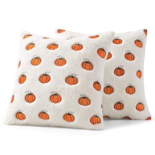 Fall Pumpkin Embroidered Pillow Cover 18x18 Bright Orange & White Set of 2