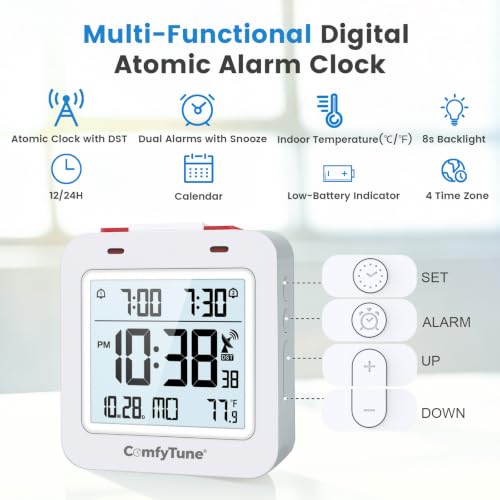 Digital Atomic Alarm Clock with Backlight & Temperature, Battery Operated Bedroom Clock