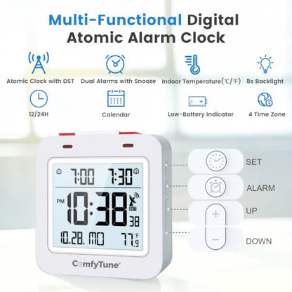 Digital Atomic Alarm Clock with Backlight & Temperature, Battery Operated Bedroom Clock