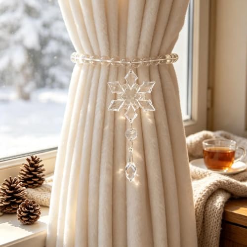 Long Snowflake Beaded Magnetic Curtain Tiebacks - Clear Crystal & Steel Wire - Style 5 (2 Pack)