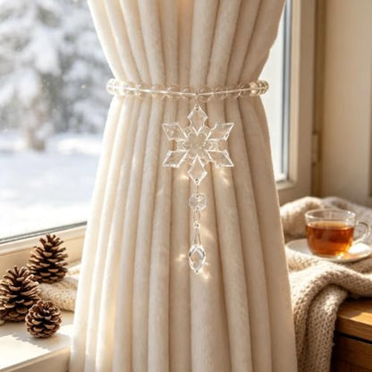 Long Snowflake Beaded Magnetic Curtain Tiebacks - Clear Crystal & Steel Wire - Style 5 (2 Pack)