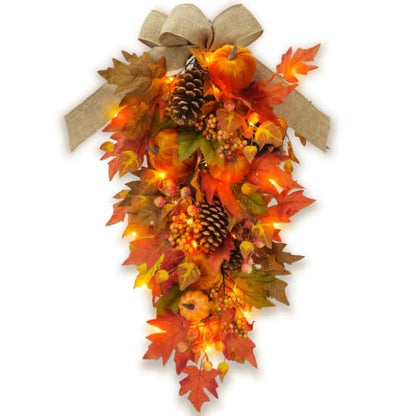 Pre-Lit Fall Teardrop Swag with Pumpkin & Maple Leaves - Autumn Decor