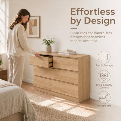 6-Drawer Dresser with Natural Oak Finish, Handle-Less Modern Bedroom Chest