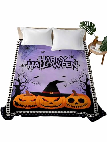 Halloween Twin Flat Sheet - Purple Bats & Pumpkin Design, Luxury Hotel Quality Bedding
