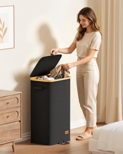 100L Laundry Hamper with Lid Black - Large Clothes Storage Bin with Removable Bag & Foot Loop