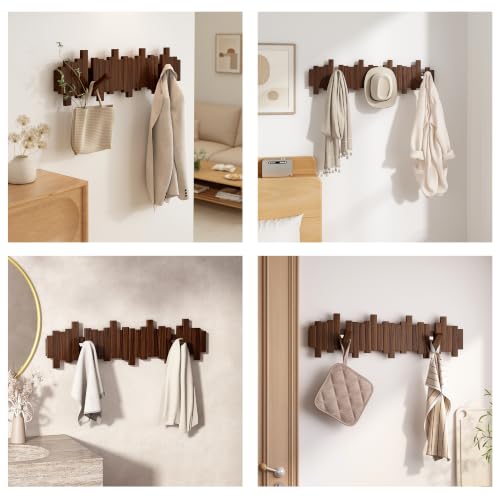 Walnut Wooden Wall-Mounted Coat Rack with 8 Hooks - Flip-Down Space Saver Hanger