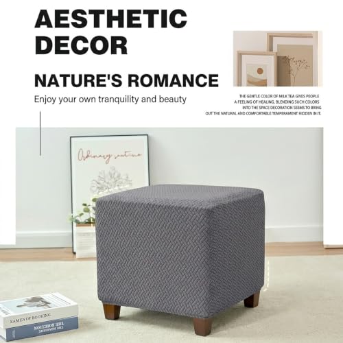 Elastic Stretch Jacquard Ottoman Cover Black - Anti Slip, Washable, Adjustable Square Storage Footstool Slipcover for 13-18 Inch Cube Ottomans