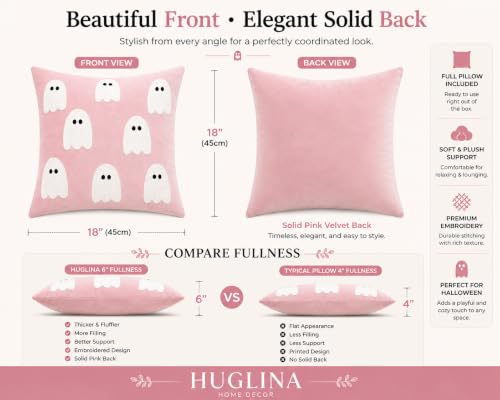 Halloween Throw Pillow 18x18 Pink Velvet Ghost Embroidery Decorative Cushion