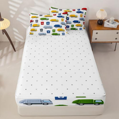 Kids Garbage Truck Comforter Set Twin with Zipper Bedding and Pillowcases - Cloud White & Traffic Palette