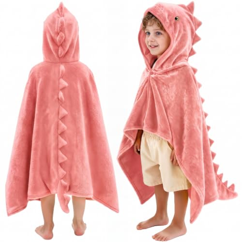 Kids Dinosaur Hooded Towel Pink Fleece Poncho for Bath & Pool