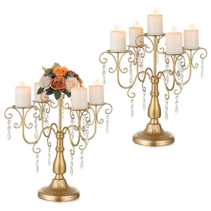 2 Pcs Gold Candelabra Candle Holders with Crystal Beads - 5 Arm Pillar Centerpiece