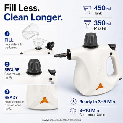 450ML Handheld Steam Cleaner with 12 Accessories - Multi-Surface Home & Car Steam Sanitizer