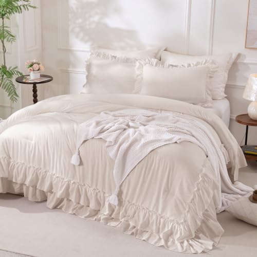 Beige Farmhouse Ruffle Comforter Set Full Size 3 Pieces - Shabby Chic Bedding