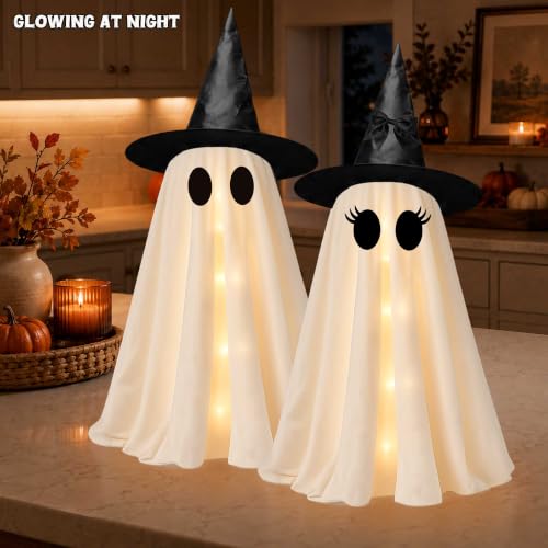 24 Inch Light Up Halloween Ghost Decorations - DIY Spooky Ghosts with Witch Hats, LED Lights, 2 Pack