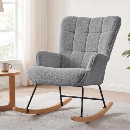 Nursery Glider Rocking Chair with Teddy Fabric & Solid Wood Base - Grey