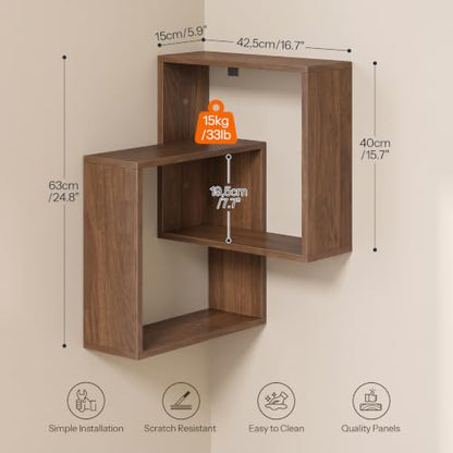Wall-Mounted Corner Floating Shelves 4-Tier for Wall, Walnut Finish