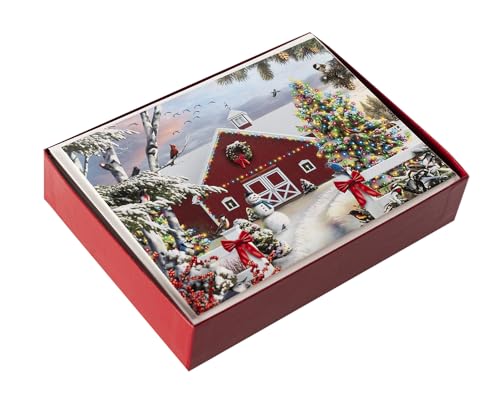 Festive Farm Christmas Cards with Foil-Lined Envelopes - Red Barn Holiday Set, 15 Cards