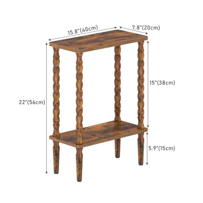 Brown Narrow 2-Tier Side Table with Solid Wood Legs - Small End Table