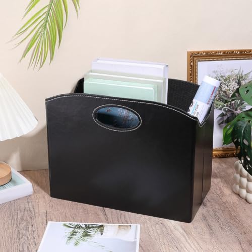 Foldable PU Leather Magazine Holder with Handles - Document Organizer for Office & Home