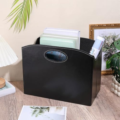 Foldable PU Leather Magazine Holder with Handles - Document Organizer for Office & Home