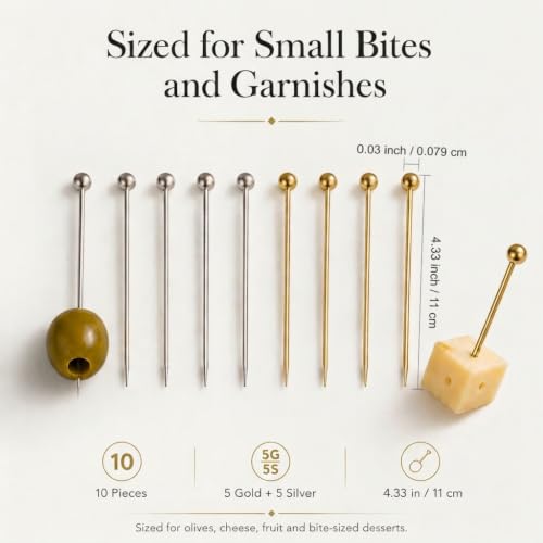 Reusable Metal Cocktail Picks 10-Pack - 304 Stainless Steel Garnish Skewers