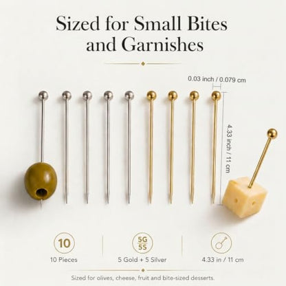 Reusable Metal Cocktail Picks 10-Pack - 304 Stainless Steel Garnish Skewers