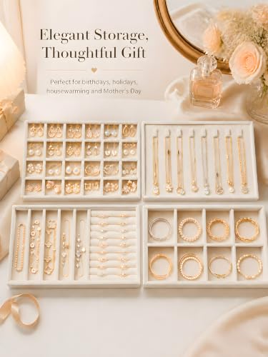 Stackable Jewelry Trays Set of 4 - Drawer Organizer for Earrings, Rings, Necklaces
