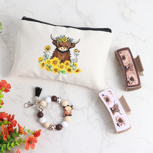 Highland Cow Gift Set with Tumbler Mug Makeup Bag Socks Keychain & Clips