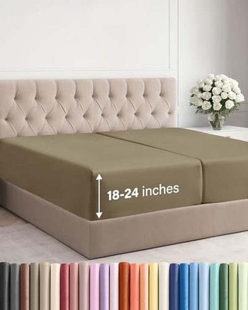 Extra Deep Split King Fitted Sheet - Hotel Luxury Single Fitted Sheet Only - Easily Fits 18 inch to 24 inch Mattress - Ultra Soft, Wrinkle & Fade Free w/Extra Deep Pocket - Breathable & Comfy - Khaki