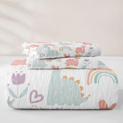 Pink Green Dinosaur Quilt Set Twin Size with Pillowcase - Cartoon Dino Bedspread for Kids