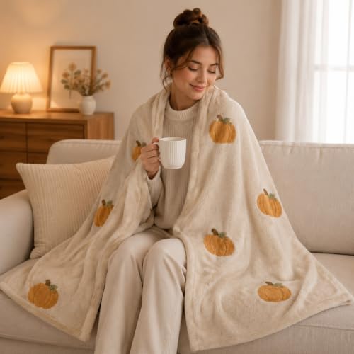 Cream White Tufted Pumpkin Flannel Throw Blanket - Fall Seasonal Decor