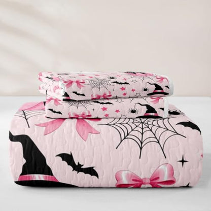 Pink Full Size Halloween Quilt Bedding Set - Fairy Ghost Cartoon Bedspread with Pillowcases