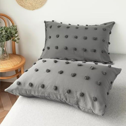 Grey Full Size Duvet Cover Set with Pom Poms and Embroidery Design