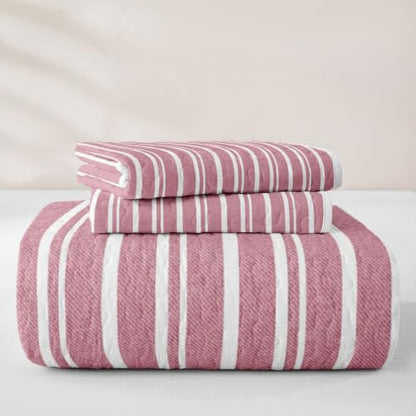 Pink White Striped Quilt Set Queen Size - Modern Geometric Bedspread with Pillow Shams - Kids Bedroom Decor - Variation: White Pink