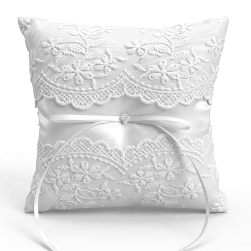 Pearl Ivory Wedding Ring Pillow with Lace and Ribbon Bow for Ceremony